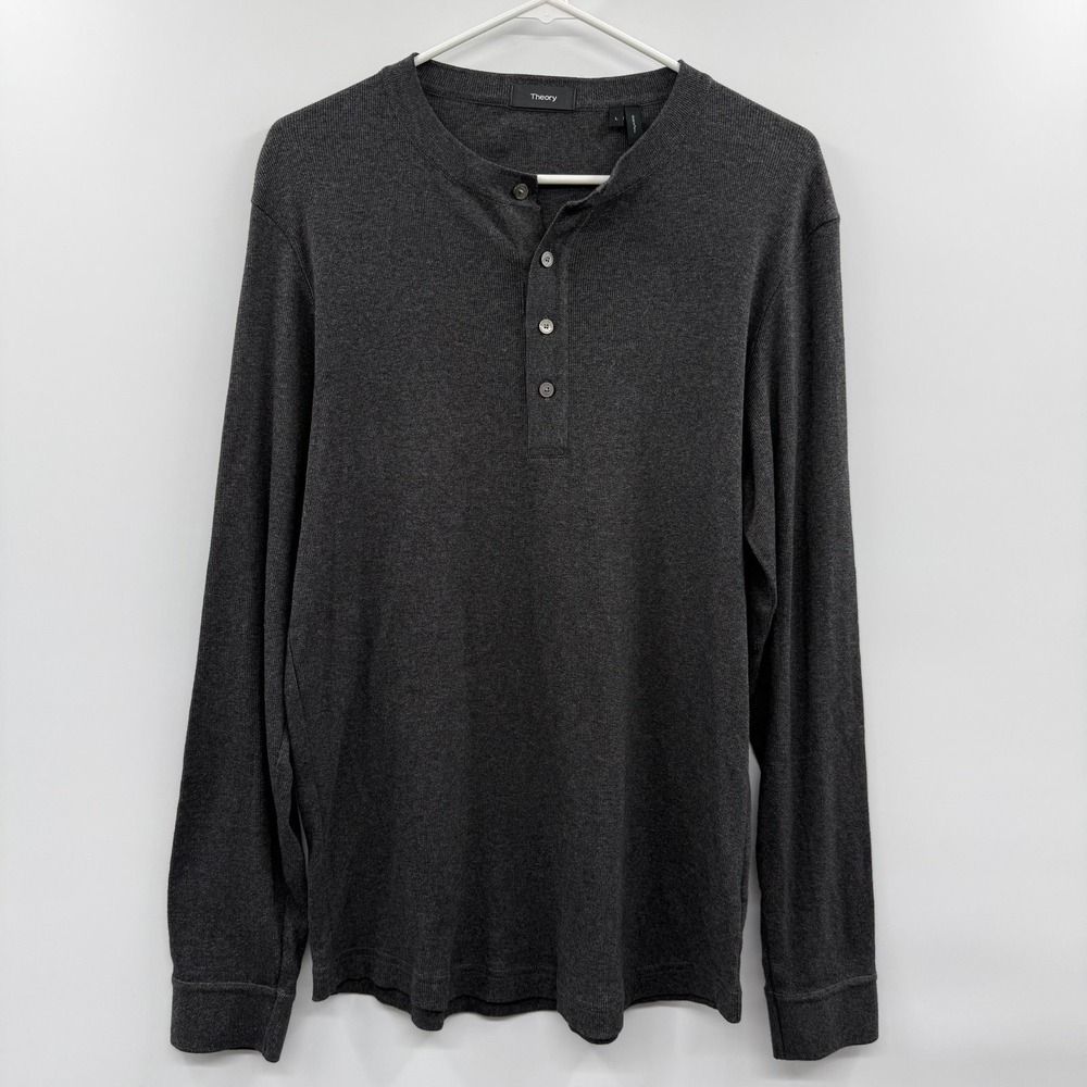 Theory Mens L Miller Henley Studio Rib Shirt Charcoal 100% Pima Cotton